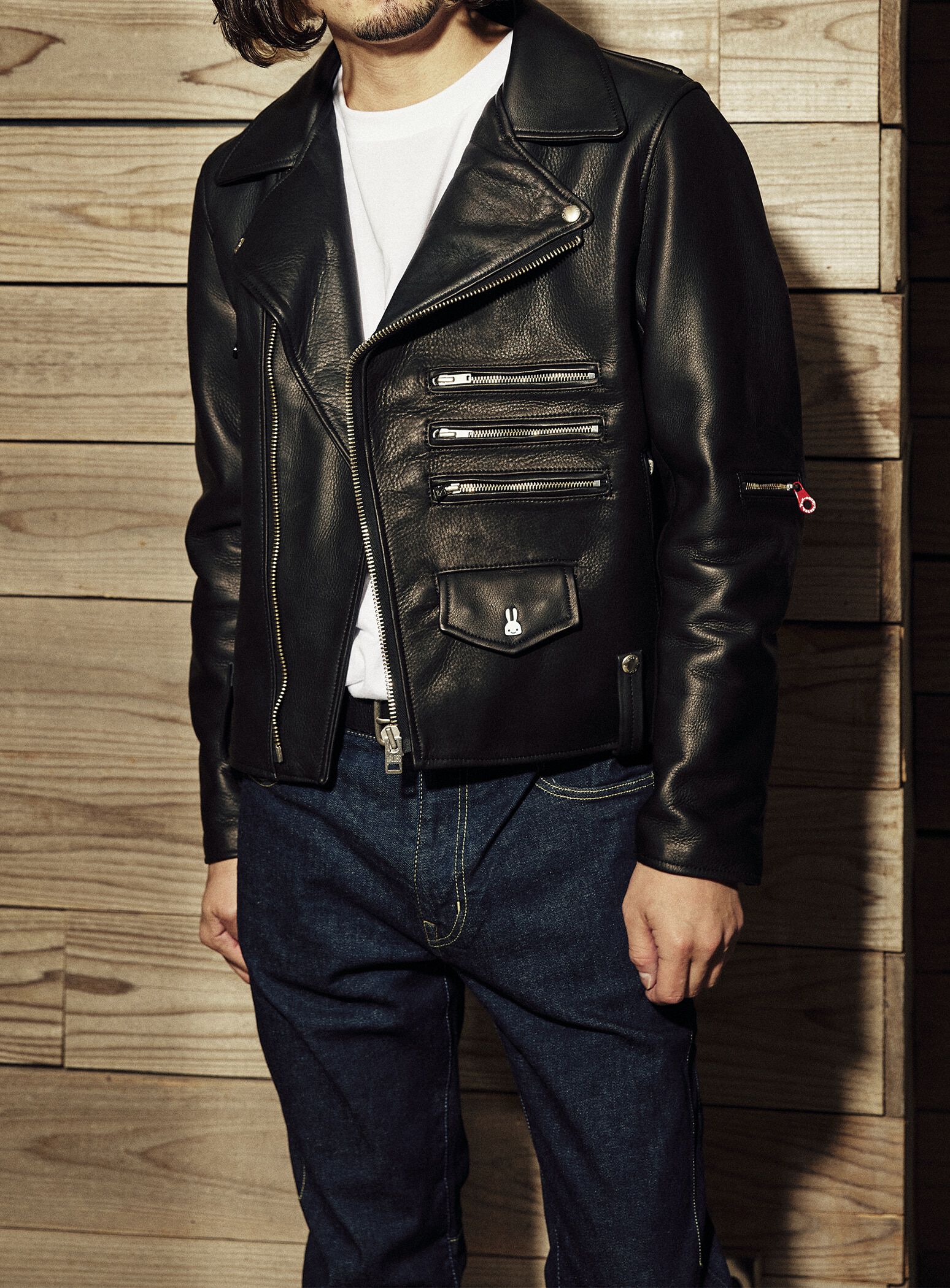 cow leather three riders jacket white rabbit