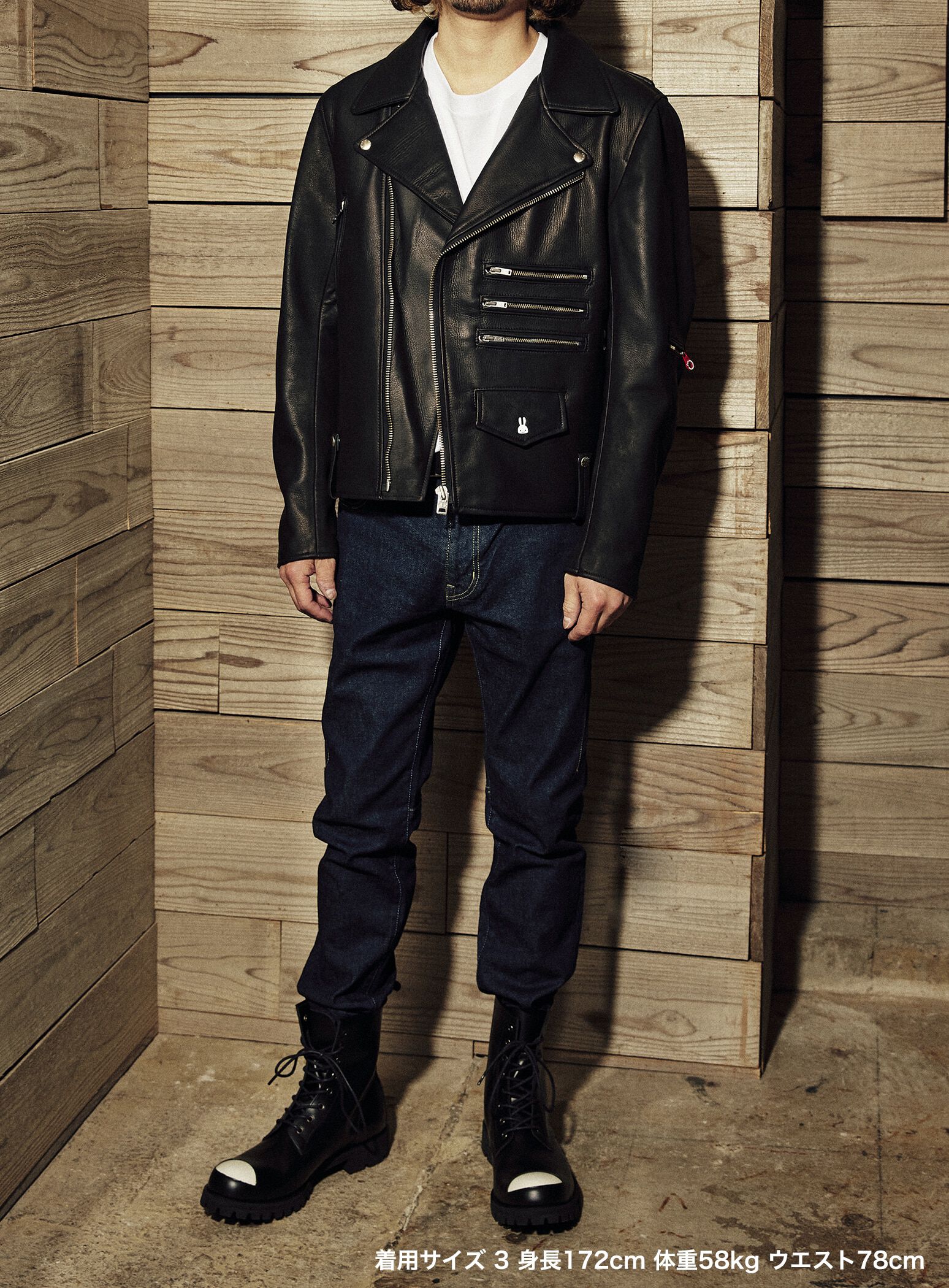 cow leather three riders jacket white rabbit