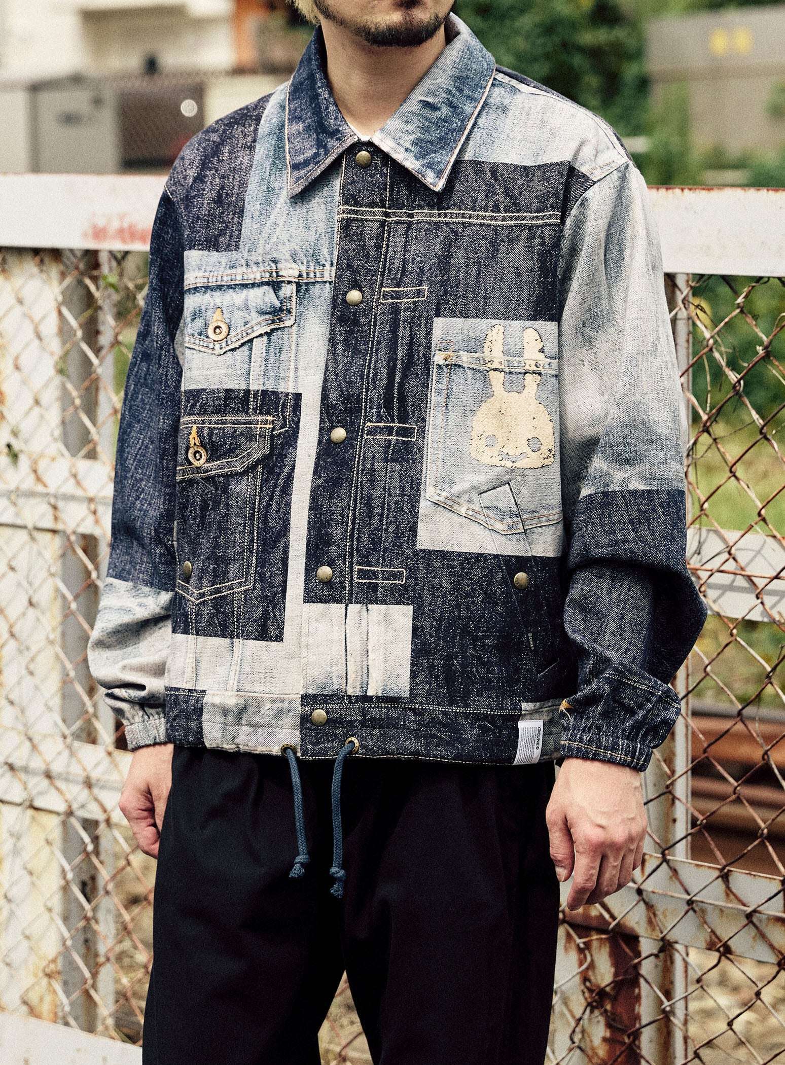 Mosaic Denim Print Twill Coach Jacket